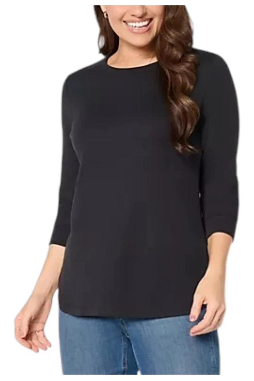 Denim & Co. Women's Waffle Knit Round Neck 3/4 Sleeve Top Blk - Plus